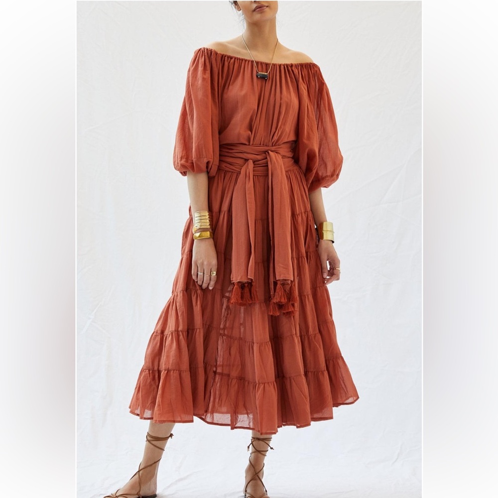 Erika Pena Terracotta Off-Shoulder Midi Dress